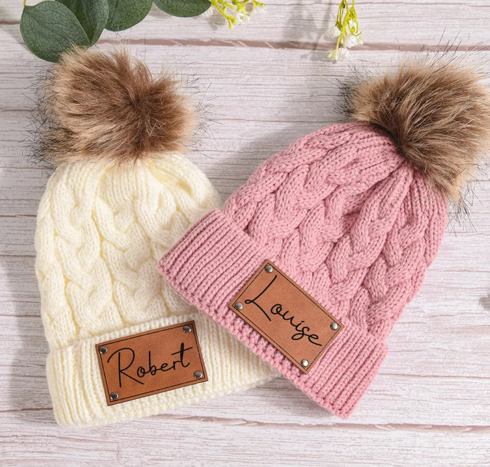 Cute personalized knit pom pom hat for baby girls, a perfect customized toddler gift