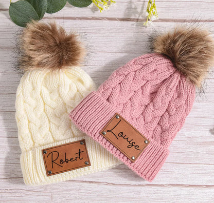 Cute personalized knit pom pom hat for baby girls, a perfect customized toddler gift