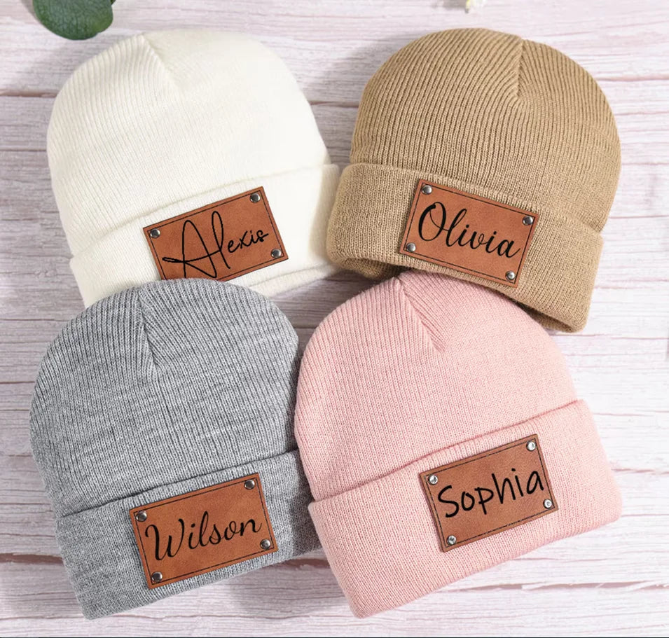 Personalized unisex beanie with 'A' initial for baby - soft cotton acrylic, vegan leather patch