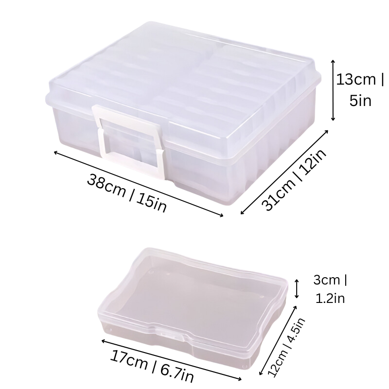 Transparent photo organizer memory box for kids' crafts with custom name, developmental play