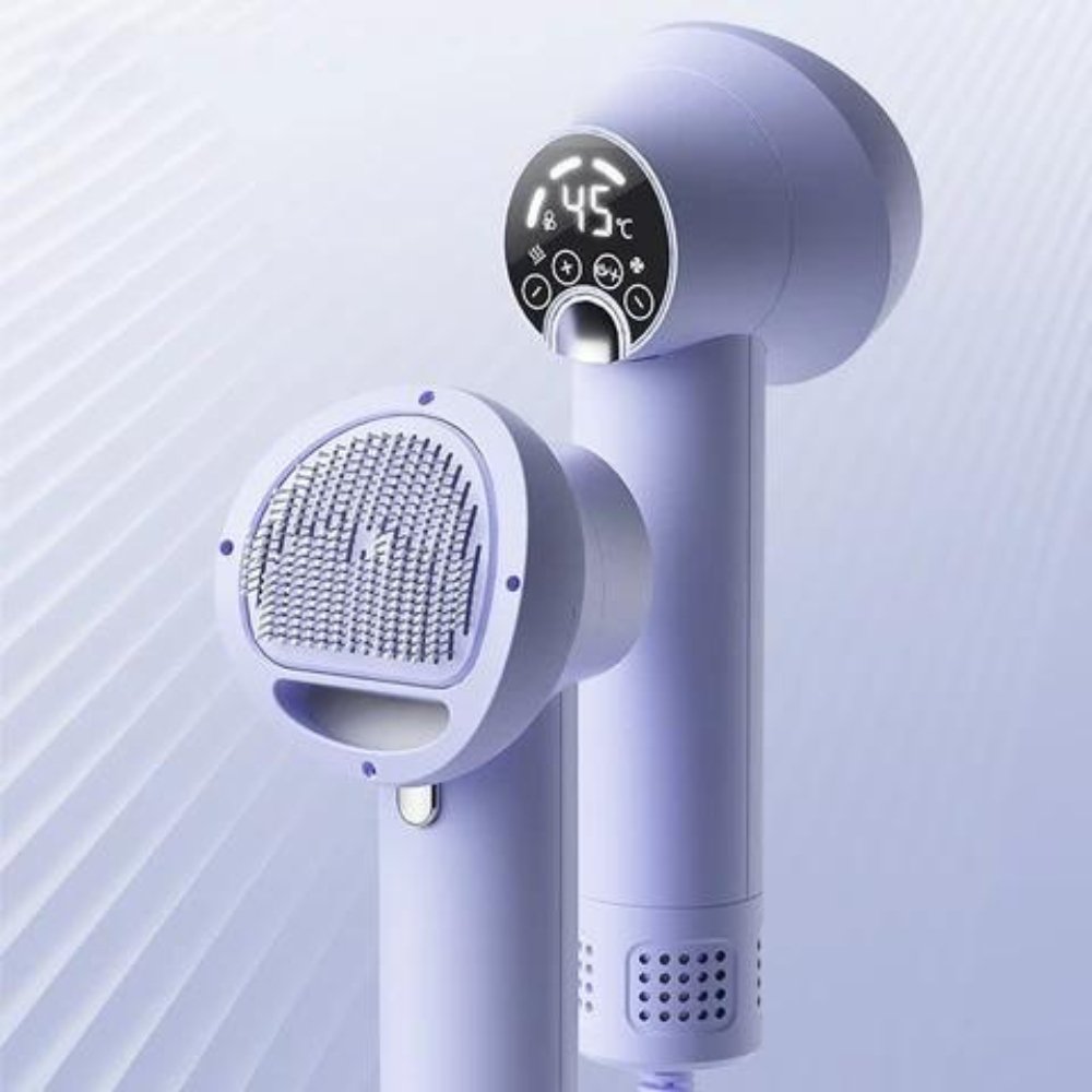 Pet 2-in-1 dog hair dryer & grooming brush for quick drying & detangling fur during pet care.