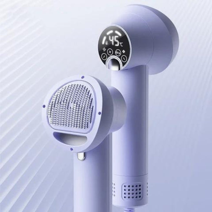 Pet 2-in-1 dog hair dryer & grooming brush for quick drying & detangling fur during pet care.