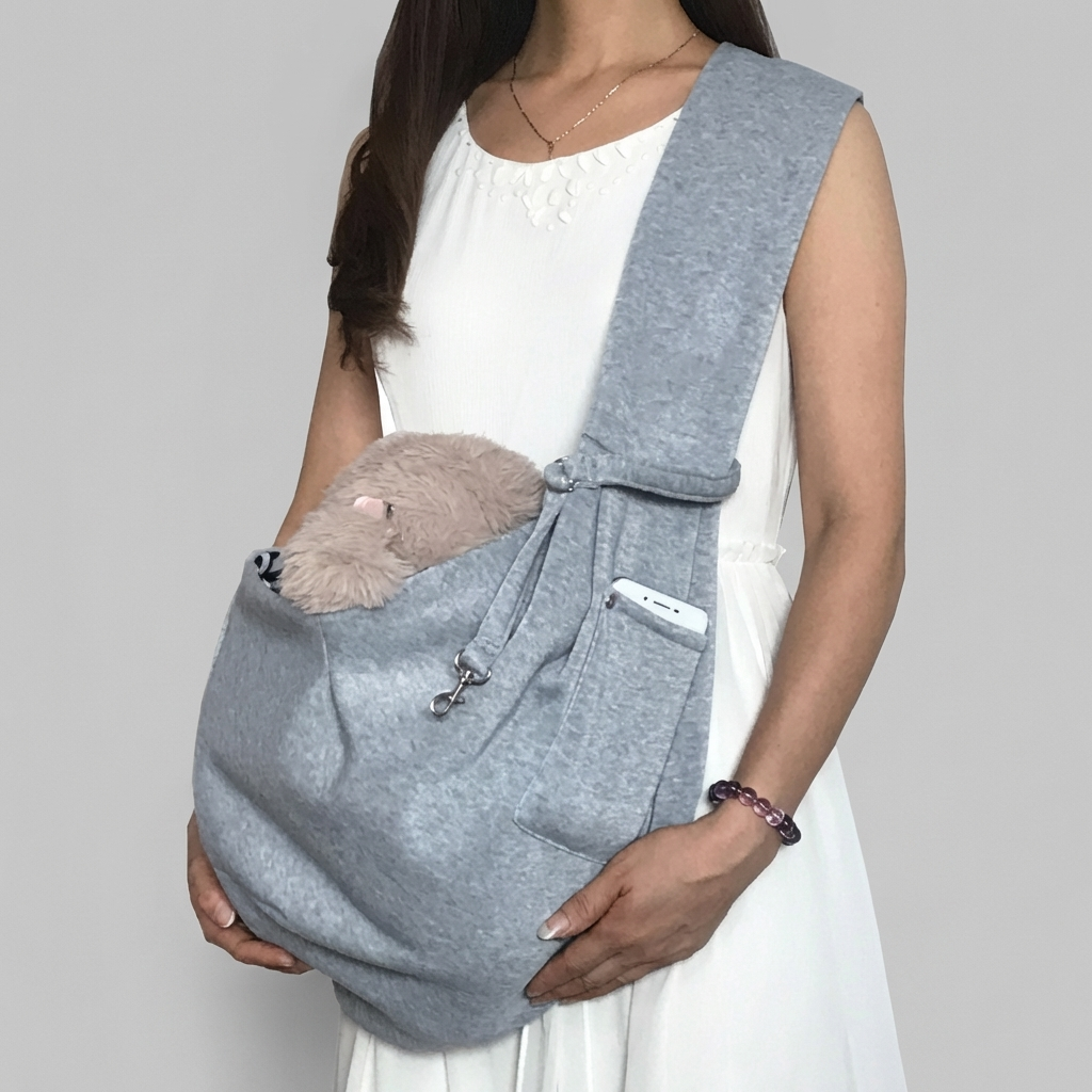 Durable pet comfort sling for small dogs, puppies, cats, and kittens. Adjustable strap for secure, happy travels.