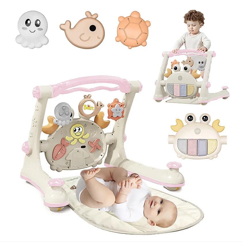 Pink 4-in-1 baby play gym with piano toy, walker, and activity center for infant development