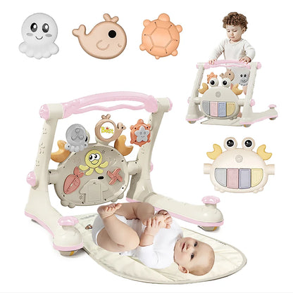 Pink 4-in-1 baby play gym with piano toy, walker, and activity center for infant development