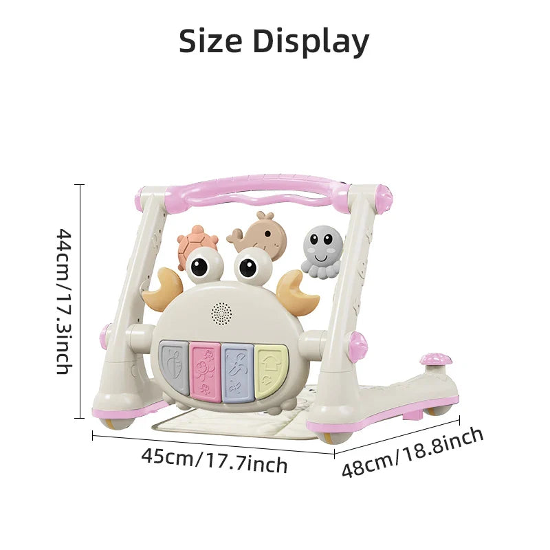 Versatile baby play gym and walker in pink with musical piano, ideal for toddlers and infants