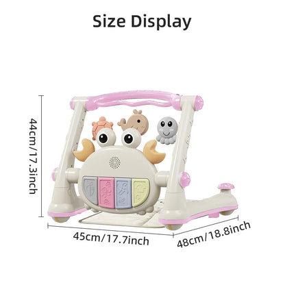Versatile baby play gym and walker in pink with musical piano, ideal for toddlers and infants
