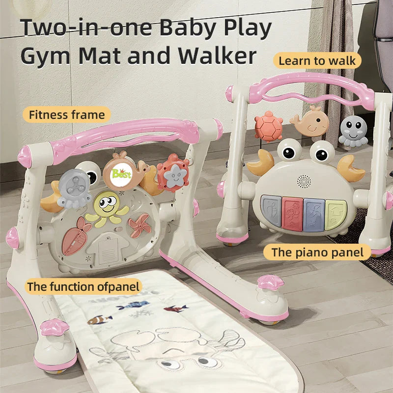 Developmental baby toy: 4-in-1 play gym, walker, and piano activity center in soft pink for infants