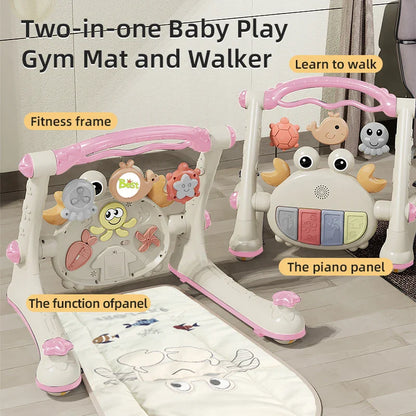 Developmental baby toy: 4-in-1 play gym, walker, and piano activity center in soft pink for infants