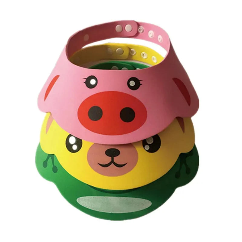 Pink adjustable baby shower cap, waterproof EVA foam, protects eyes ears during bath time, tear-free shampoo protector