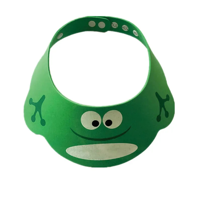 Green waterproof baby shower cap, adjustable for comfortable fit, EVA foam tear-free bath time, infant bath accessory