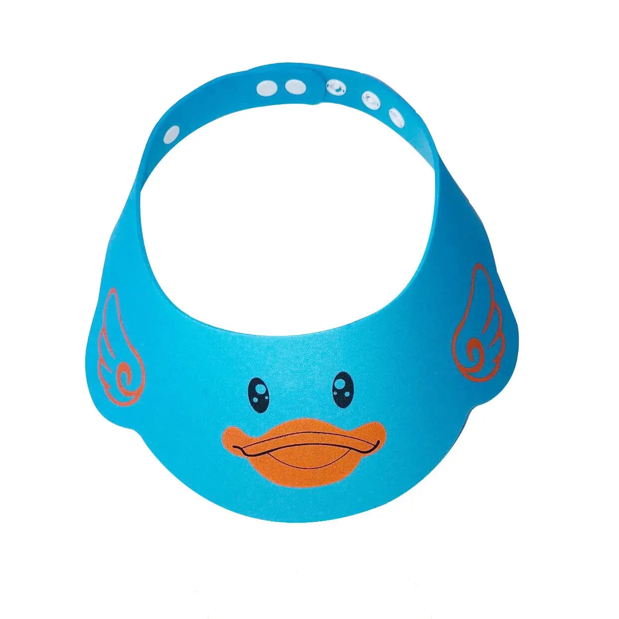 Child wearing an adjustable baby shower cap during bath time, smiling, highlighting tear-free comfort and safety