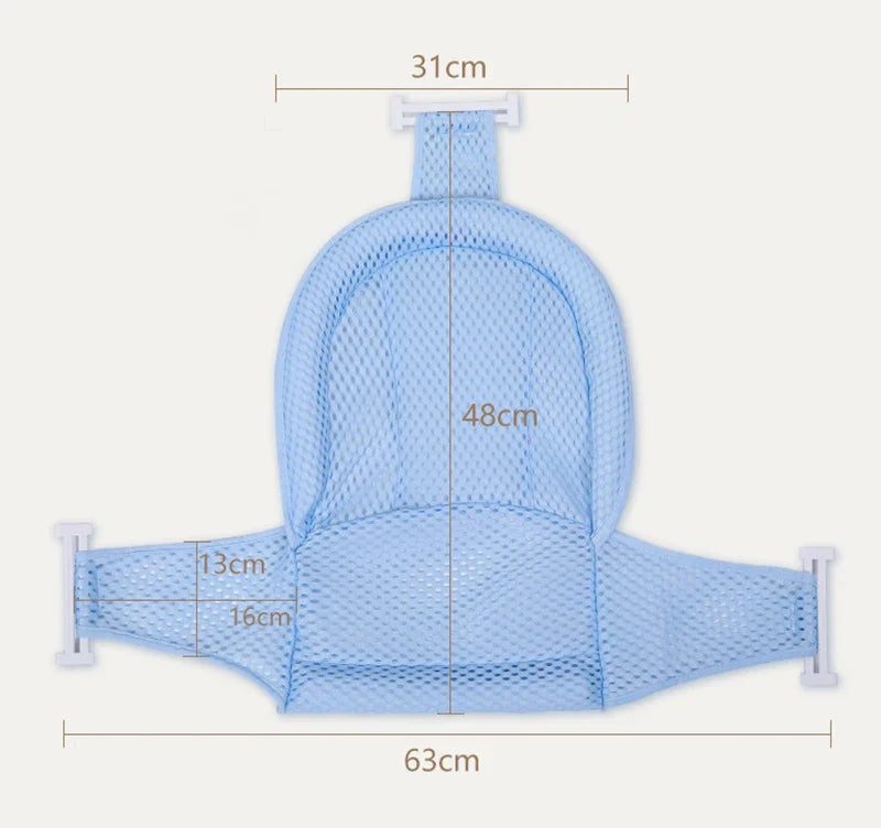 Two adjustable non-slip baby bath nets, one pink, one blue, side-by-side for baby care