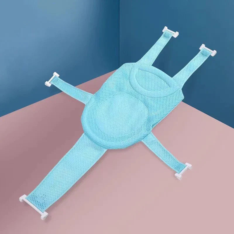 Packaging image of an adjustable non-slip infant bath support net, emphasizing bathing aid