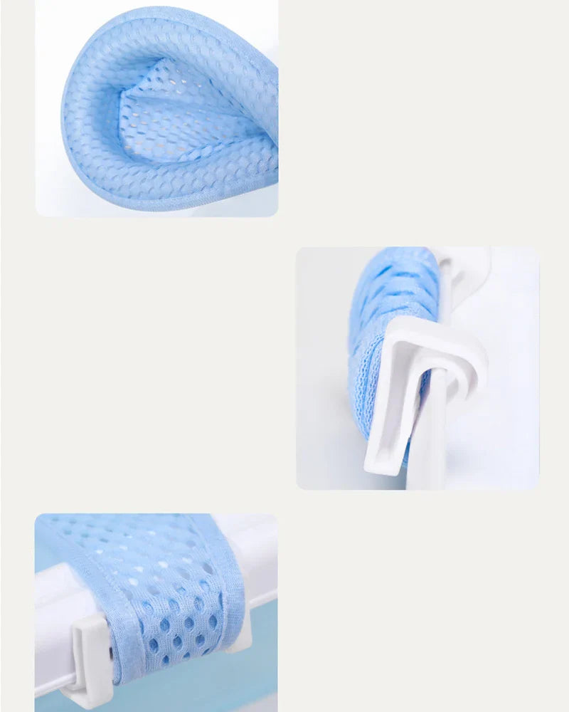 Detail of the adjustable non-slip clips on an infant bath support net for secure attachment