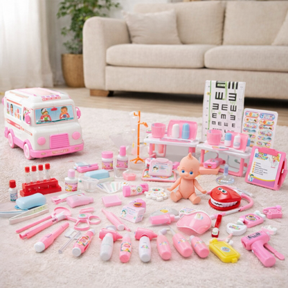 Pink ambulance doctor playset with toy tools for kids pretend role play; encourages empathy