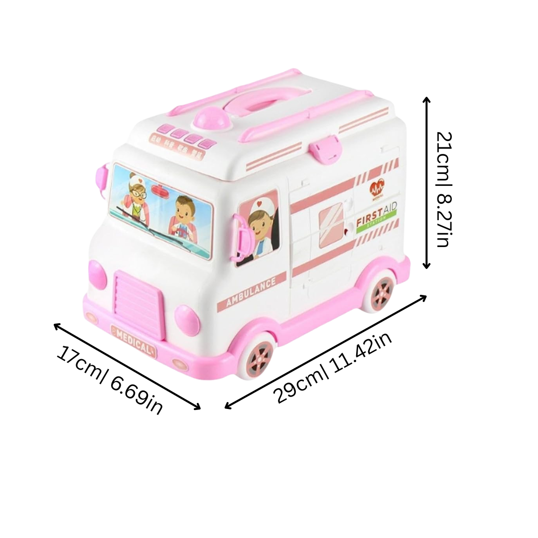 Kids pink ambulance playset with stethoscope, syringe, and medical tools for imaginative doctor role play