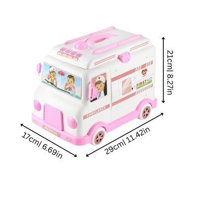 Kids pink ambulance playset with stethoscope, syringe, and medical tools for imaginative doctor role play