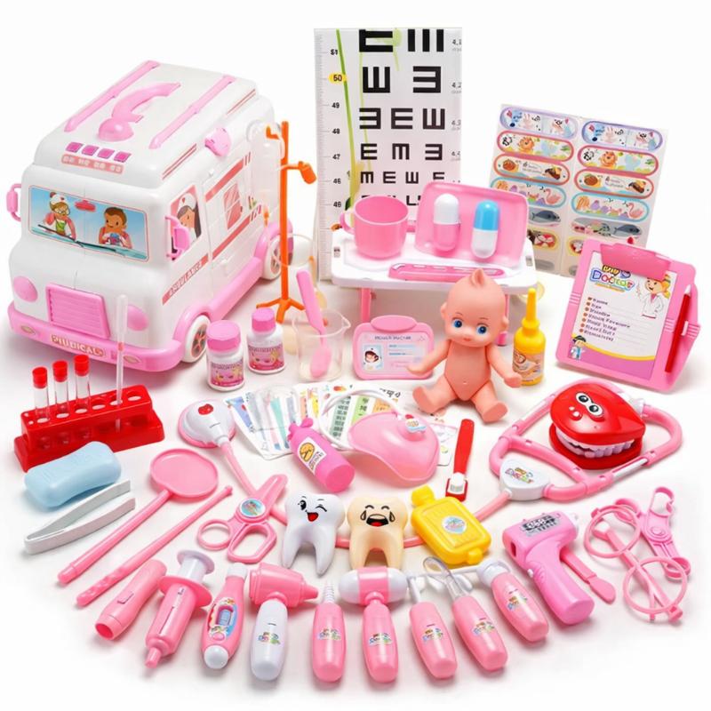 Toy ambulance doctor playset in pink, featuring realistic tools for children's pretend play