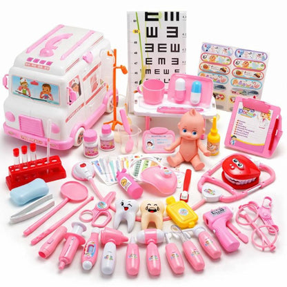 Toy ambulance doctor playset in pink, featuring realistic tools for children's pretend play