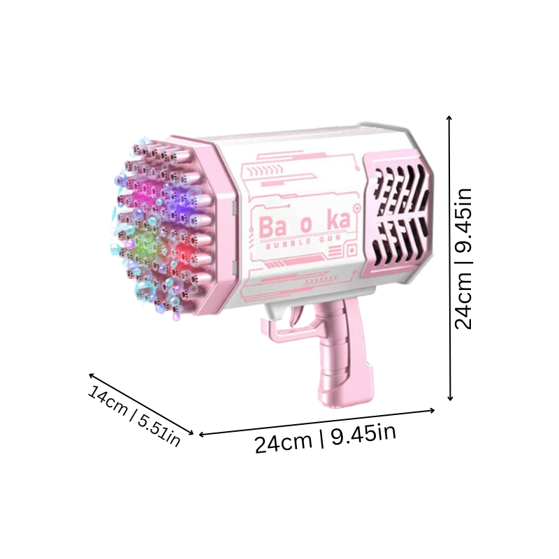 Happy child playing outdoors with a pink and purple automatic bubble blaster, generating many bubbles; kids outdoor toys.