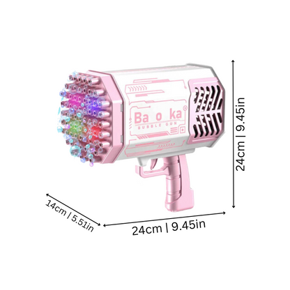 Happy child playing outdoors with a pink and purple automatic bubble blaster, generating many bubbles; kids outdoor toys.