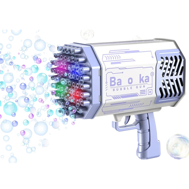 Close-up of a vibrant pink and purple automatic bubble machine, perfect for party supplies and playtime fun.