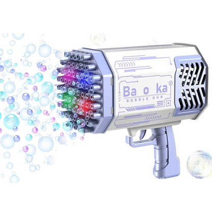 Close-up of a vibrant pink and purple automatic bubble machine, perfect for party supplies and playtime fun.
