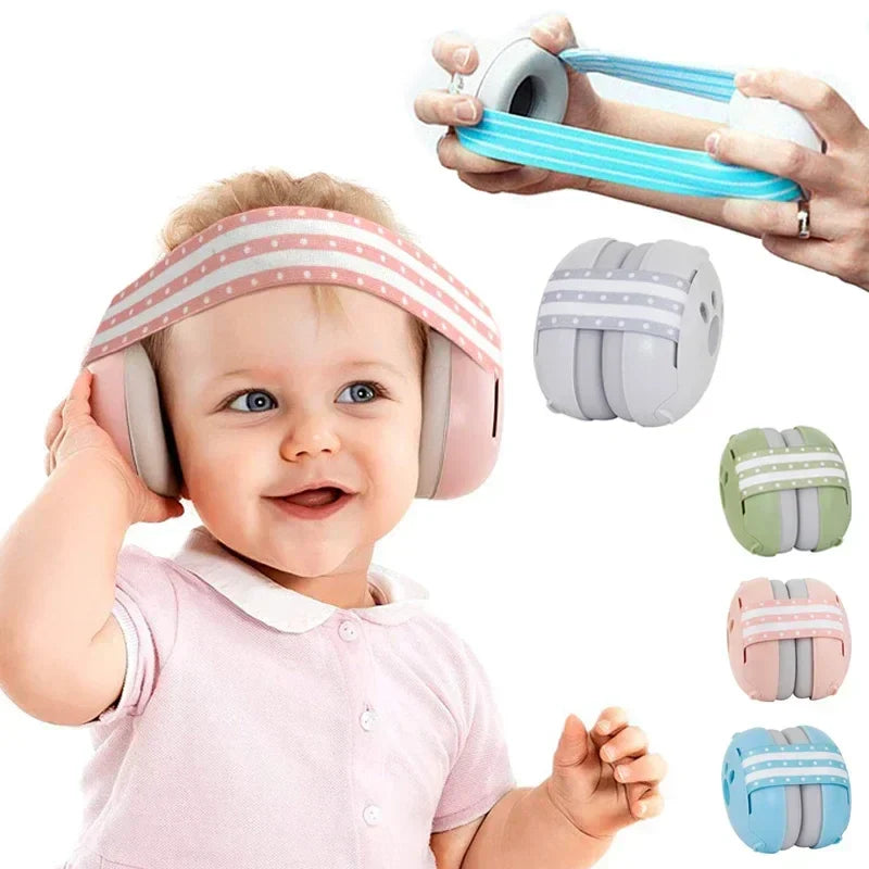 Pink baby noise-canceling earmuffs on a white background, soft adjustable headband for infants and toddlers.