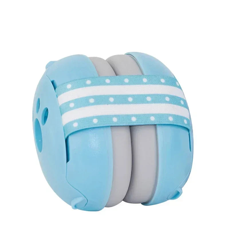 A pair of blue noise-canceling baby earmuffs, showcasing the adjustable strap and soft ear cups.