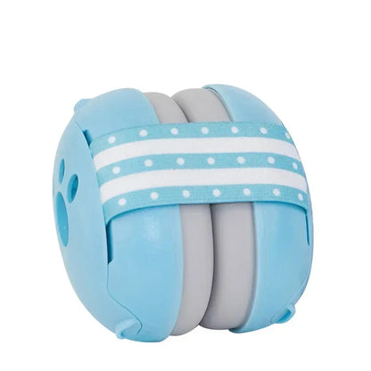 A pair of blue noise-canceling baby earmuffs, showcasing the adjustable strap and soft ear cups.
