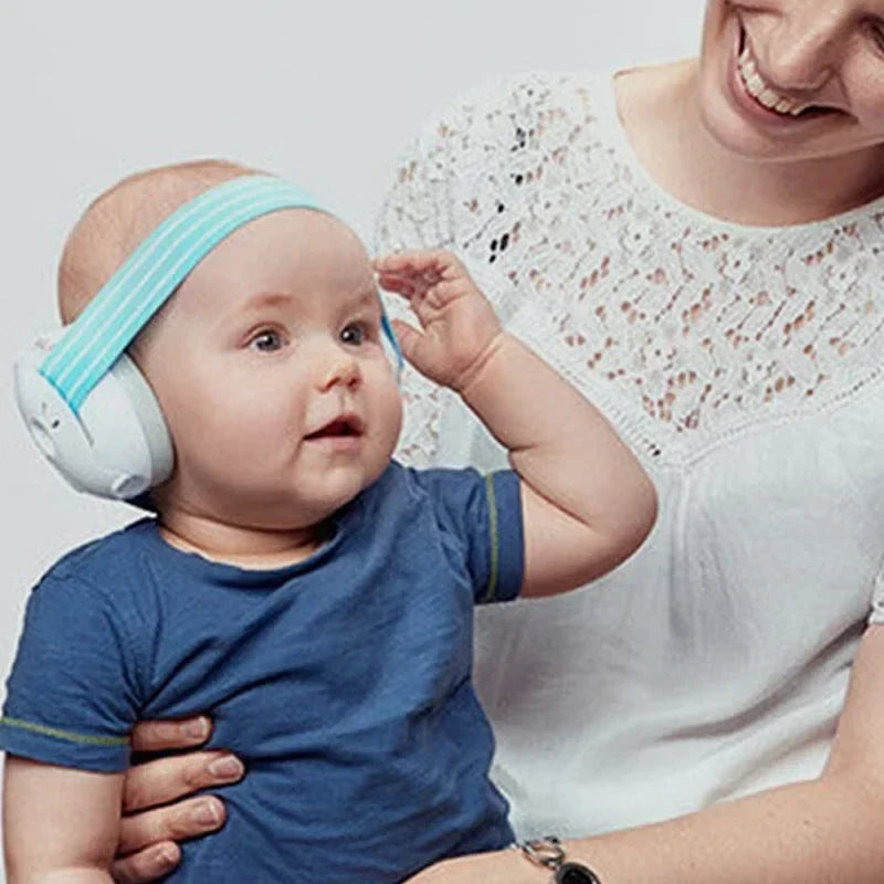 Close-up of the soft, adjustable headband of baby noise-canceling earmuffs, infant ear protection.