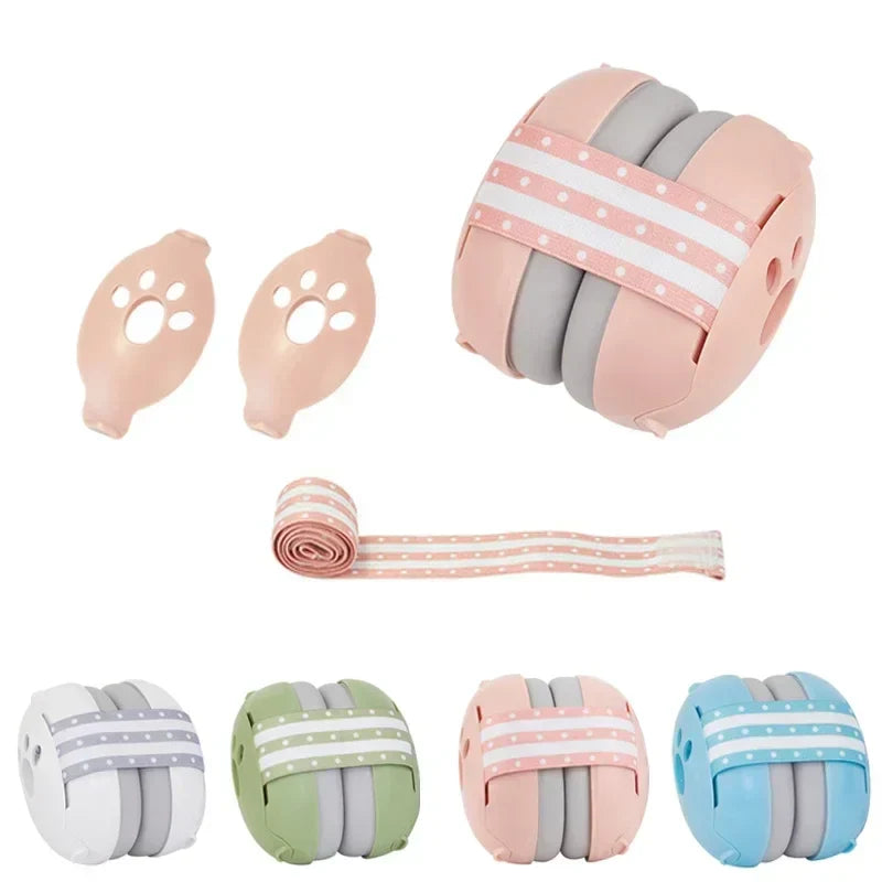 Two pairs of baby earmuffs, pink and blue, displayed side-by-side; soft noise-canceling headphones.