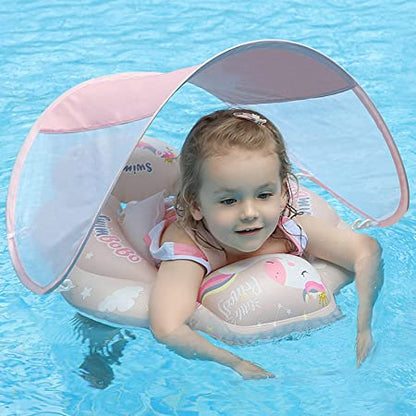 Pink baby swimming float with sunshade for water safety and summer fun.