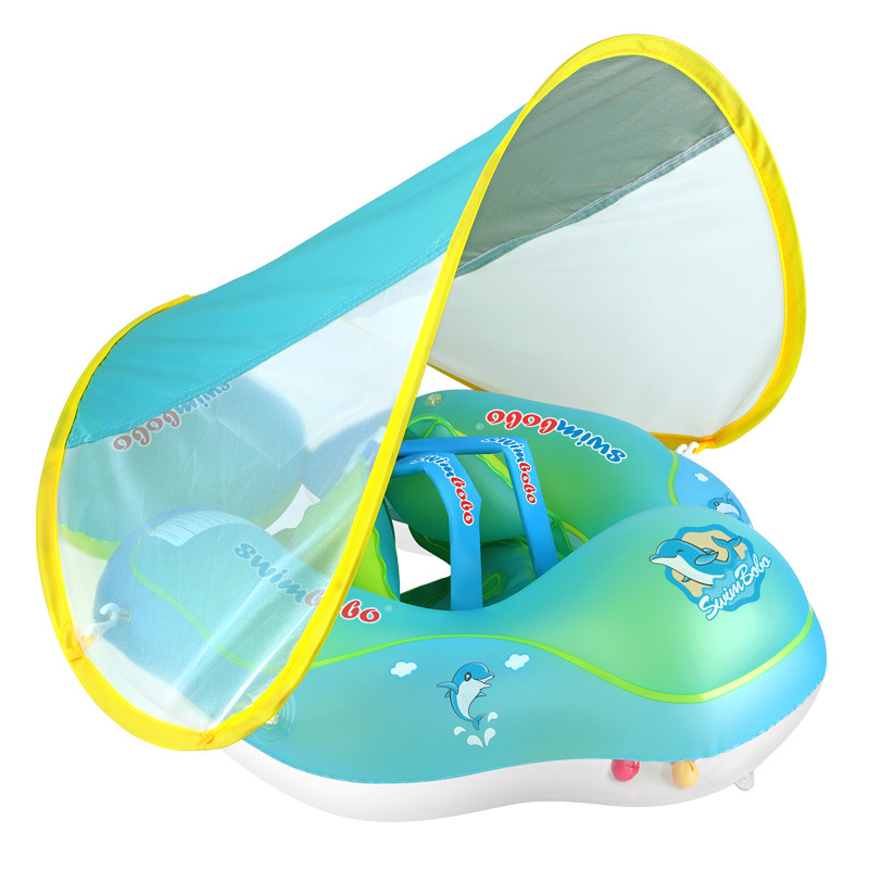 Baby swimming float with sunshade, available in pink, for safe water play.