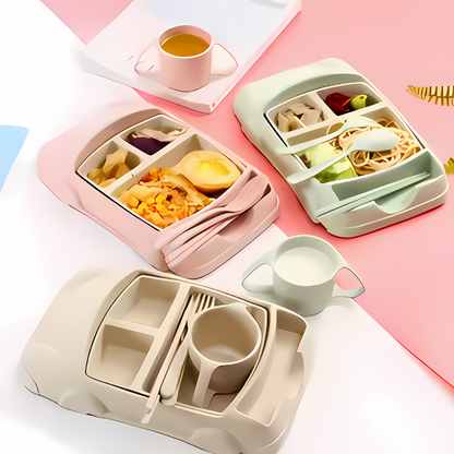Pink car-themed kids' divided mealtime tray with sections for toddler food, fun dinnerware.