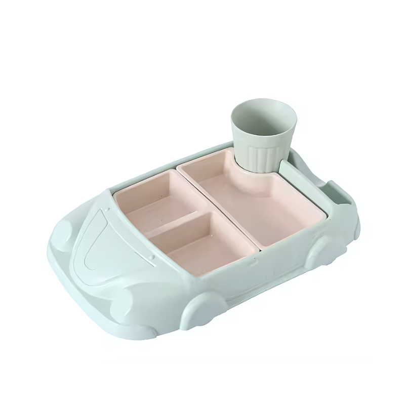 Childrens divided tray with car shape, vibrant pink, making mealtime engaging for toddlers.