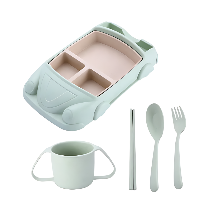 Childrens divided tray with plane shape, vibrant green, making mealtime engaging for toddlers.
