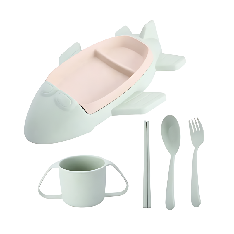 Vehicle-themed feeding solution for kids, durable and easy-to-clean plastic, green plane design.