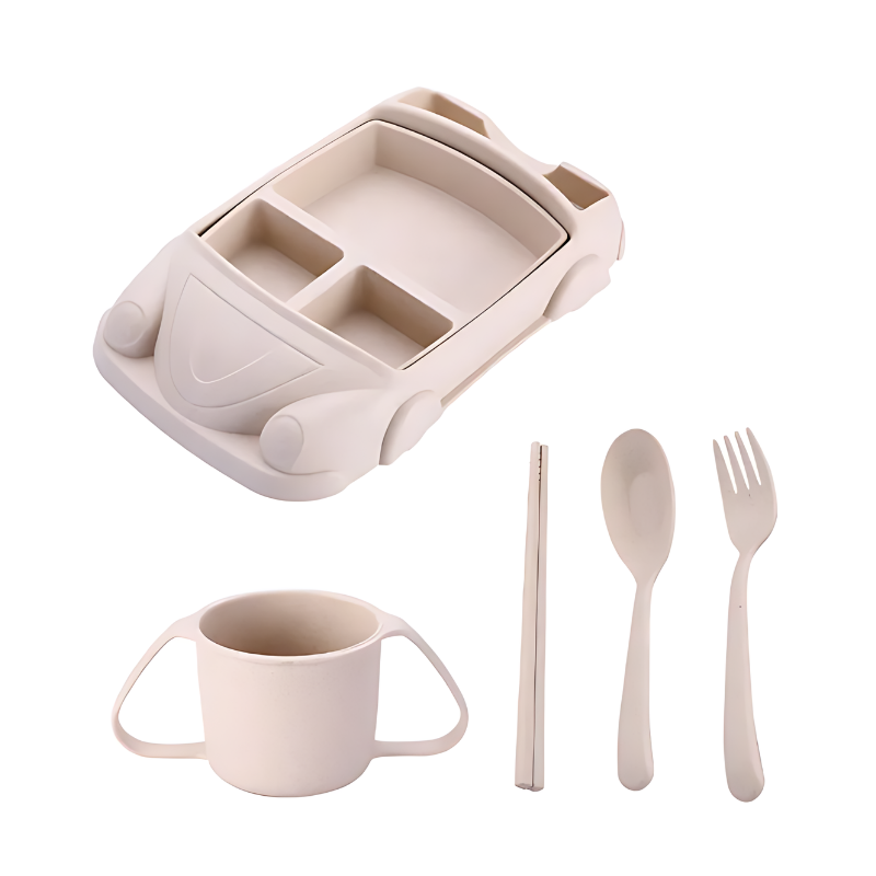 Green plane kids' dinnerware, ideal for picky eaters, encourages independent feeding in toddlers.