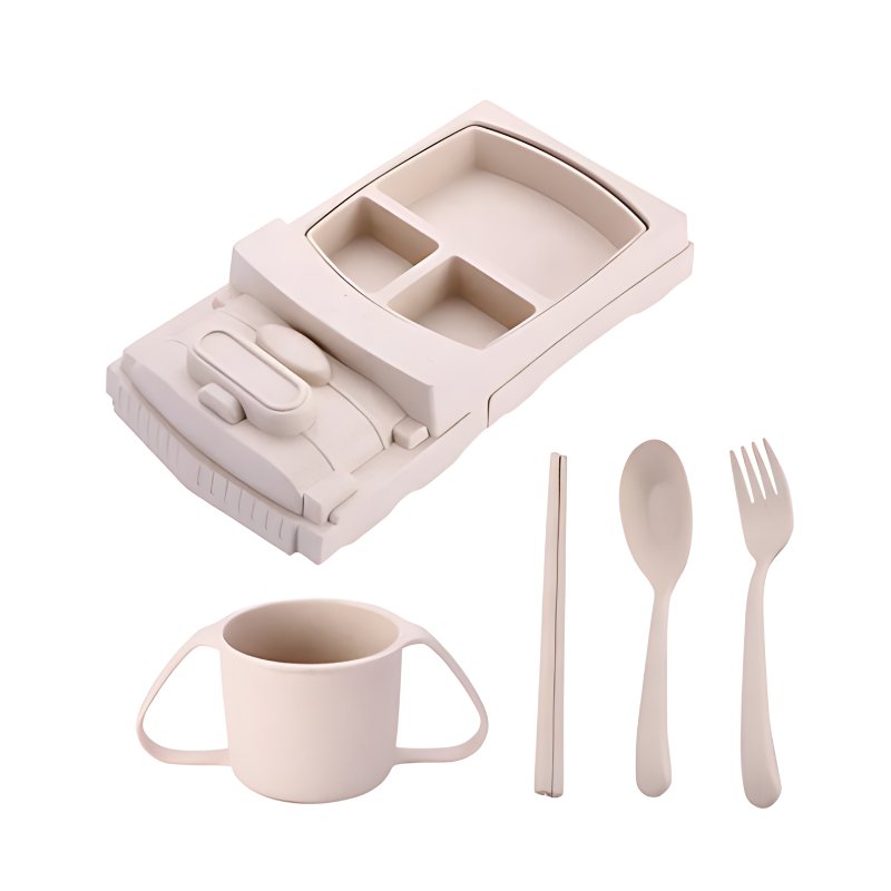 Fun mealtime tray for children, car-themed in pink, helps organize food portions for toddlers.