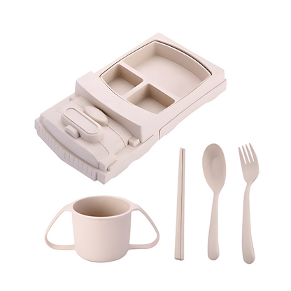 Fun mealtime tray for children, car-themed in pink, helps organize food portions for toddlers.