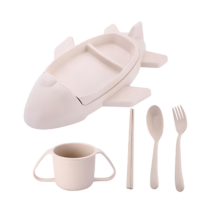 Fun mealtime tray for children, plane-themed in green, helps organize food portions for toddlers.