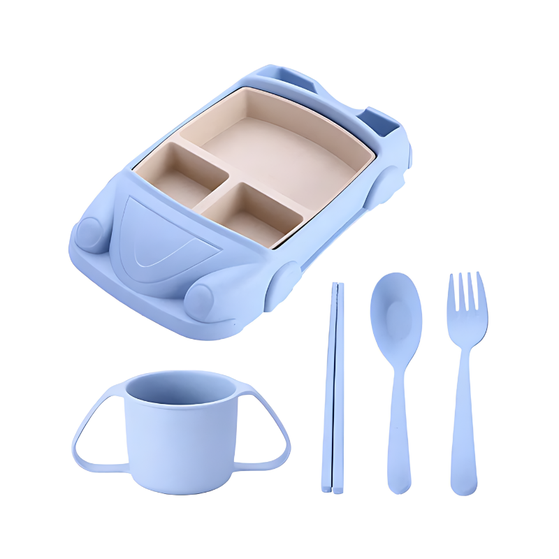 Kids' vehicle dinner set, including a divided tray, enriching toddler's meal experience, green plane.