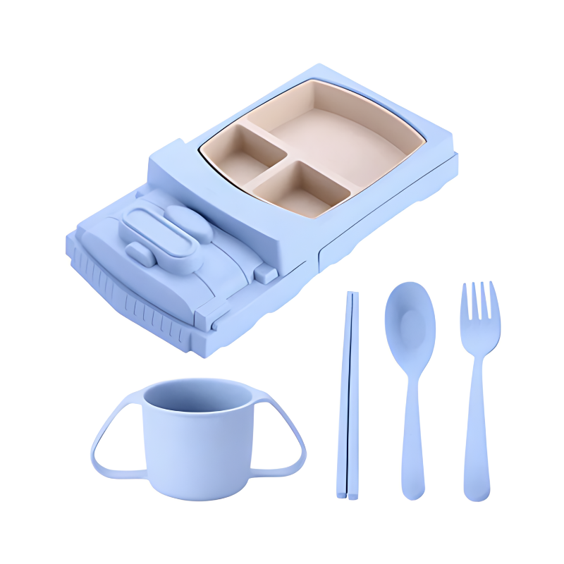 Ergonomic divided plate for kids, car-shaped in pink, designed for small hands and easy scooping.