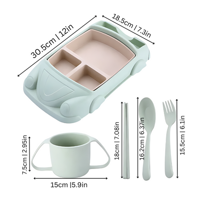 Close-up of pink car children's divided plate, perfect for kids' mealtime, feeding solutions.