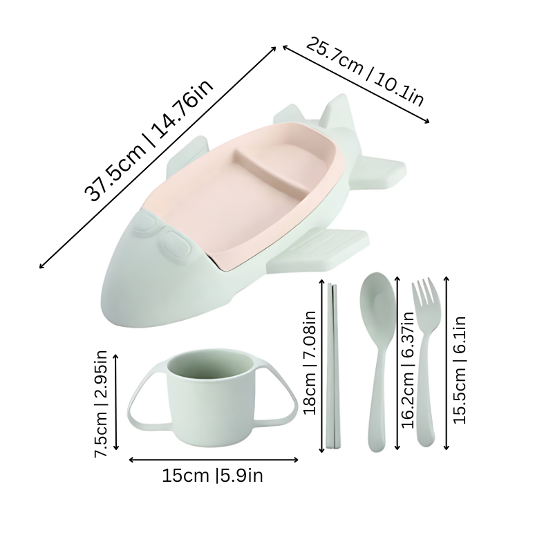 Set of two vehicle-themed kids dinnerware trays: pink car and green plane, for toddlers.