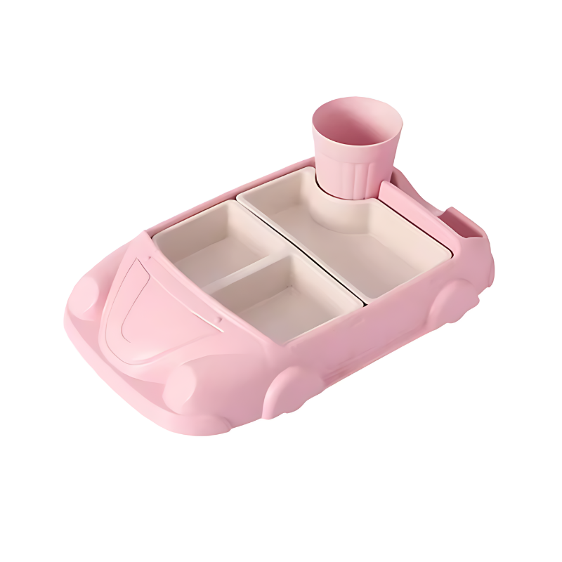 Kids' mealtime tray, pink car design, showing multiple food compartments for balanced meals.
