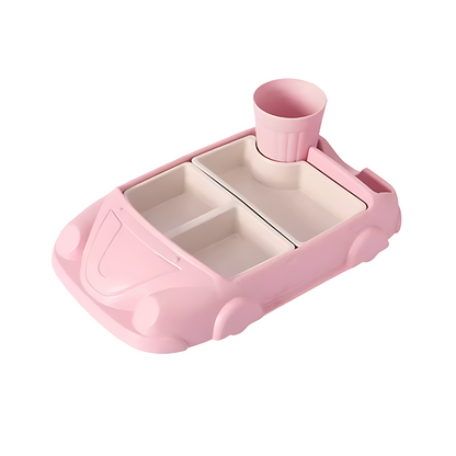 Kids' mealtime tray, pink car design, showing multiple food compartments for balanced meals.