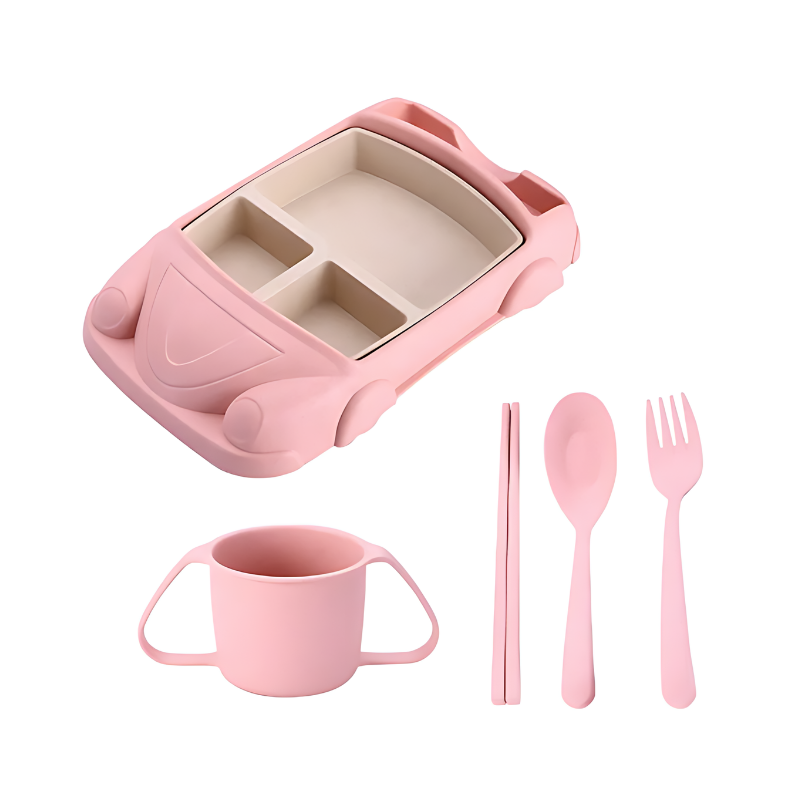 Kids' mealtime tray, green plane design, showing multiple food compartments for balanced meals.